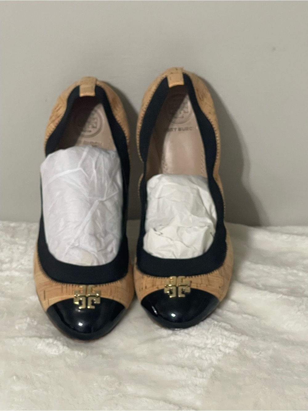 Tory Burch Minnie Travel Ballet Flat Cream Black Two Tone Leather Cork Size 6.5